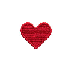 Red embroidered heart patch with textured stitching on transparency background, symbolizing love and affection. patch is simple yet expressive, ideal for clothing or accessories