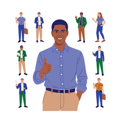 Casual business man character. Vector illustration. Various poses on a white background
