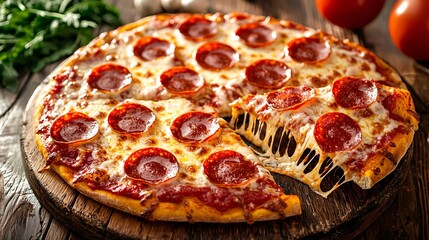 Delicious Pepperoni Pizza on a Rustic Wooden Cutting Board