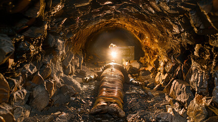 Mummy wrapped in ancient linen lies inside dark stone tomb with glowing light at entrance, creating mysterious and eerie scene in underground crypt