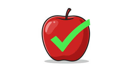 Cartoon Red Apple with a Bright Green Check Mark Overlay