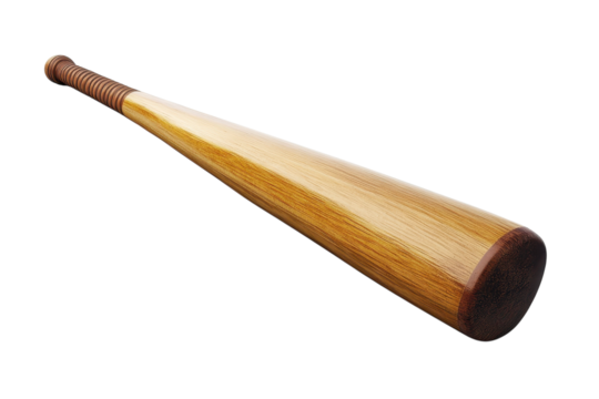 A golden wooden baseball bat resting in anticipation ready for the swing of a lifetime on transparent background
