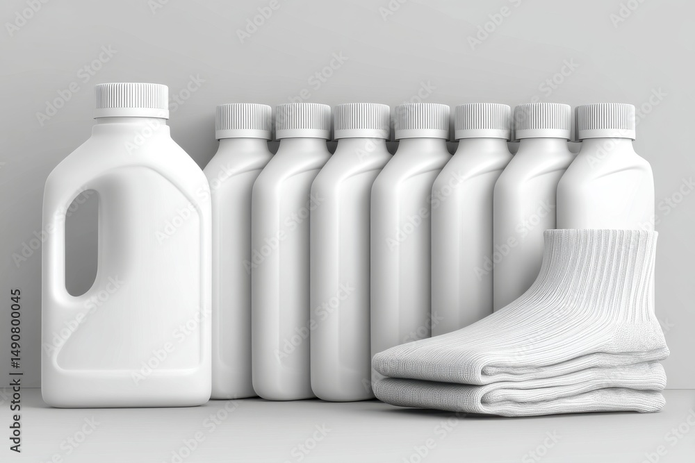 Poster minimalist monochrome composition featuring a neat row of white plastic detergent bottles next to ne