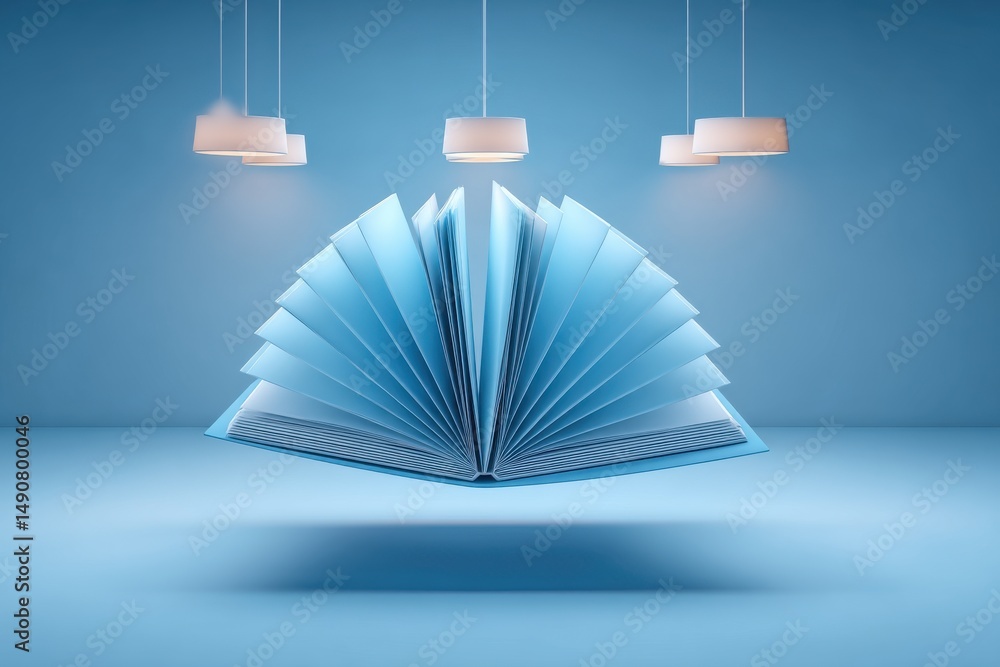 Poster conceptual image of an open book with pages fanned out, bathed in soft light, creating a serene and 