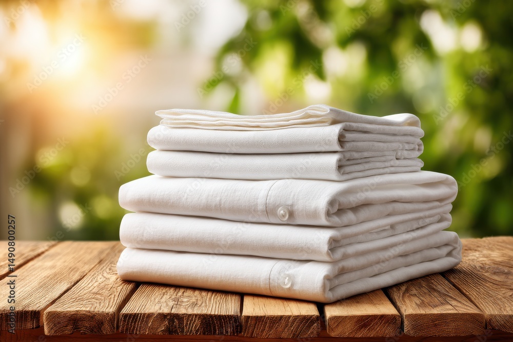 Poster a neat stack of white linen bedsheets, shirts on a rustic wooden table against a blurred green backg