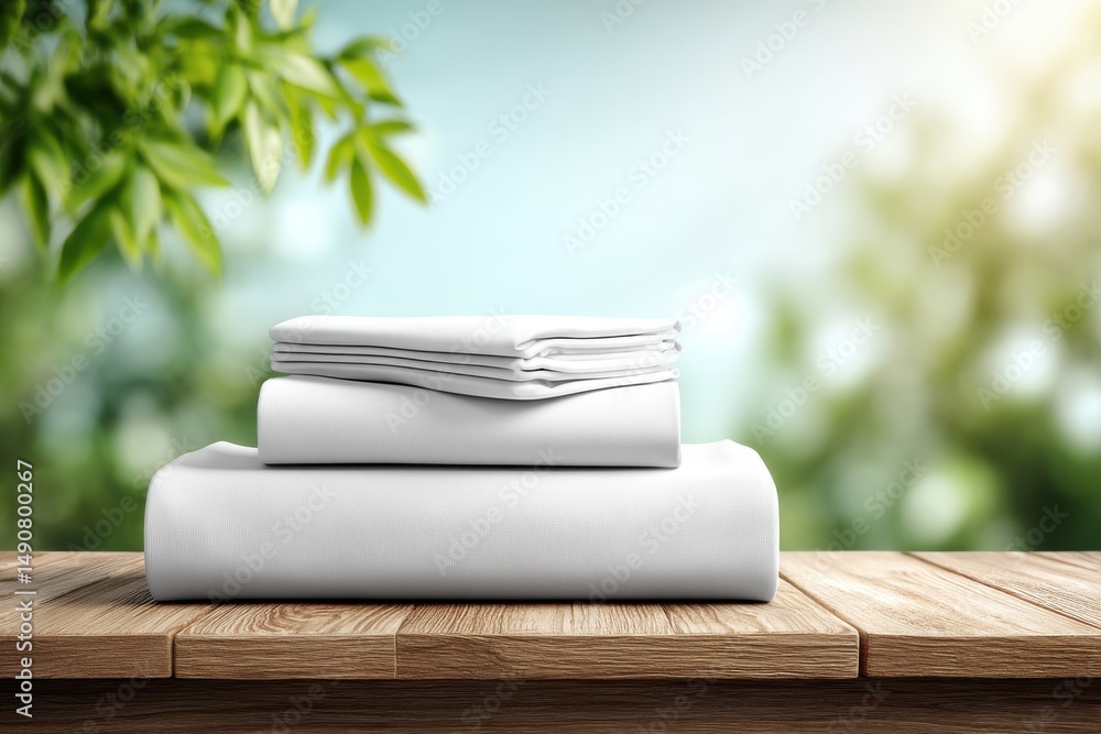 Aufkleber a neatly stacked pile of fresh white bed linens on a wooden table with a bright, nature-inspired blu