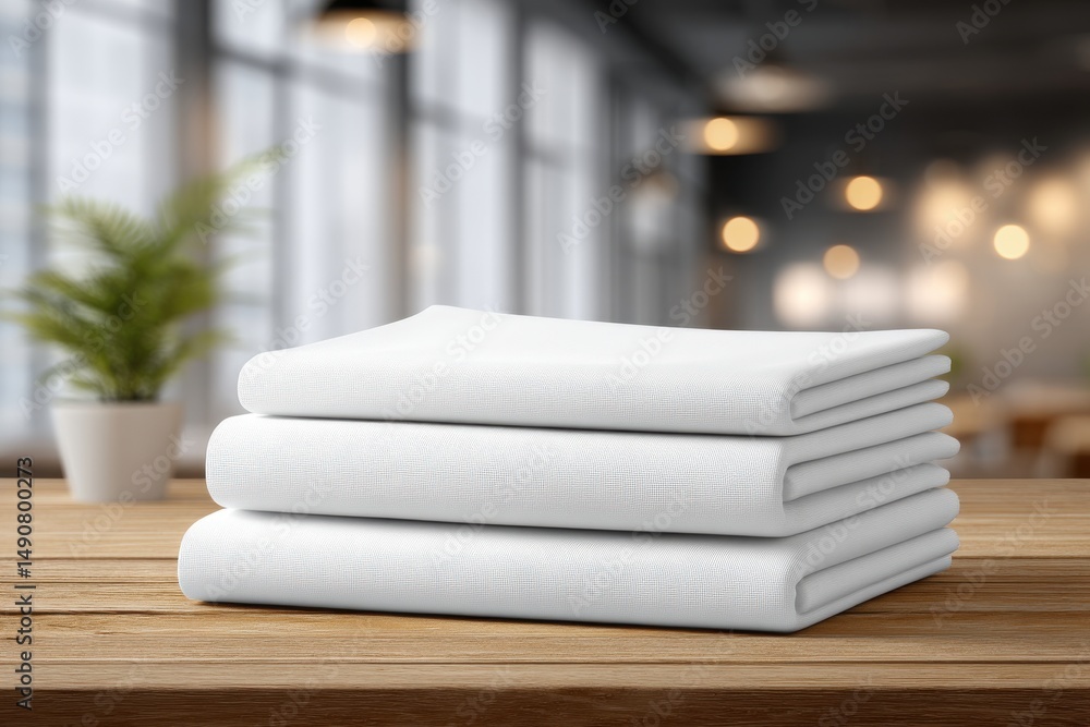 Aufkleber stack of neatly folded white towels displayed on a wooden table against a blurred backdrop, suggesti