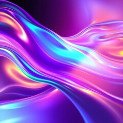 Fototapeta premium Experience a vibrant, iridescent fluid motion background, where shimmering holographic waves blend with luminous colors in a dynamically textured abstract design.