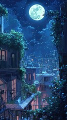 Night scene: moonlit city buildings, lush foliage, starry sky.
