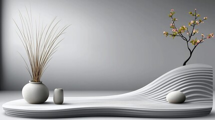 Modern minimalist scene with decorative elements.  Elegant display of neutral tones