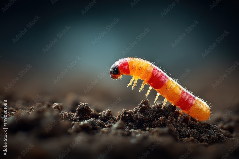 Poster a close-up of a colorful caterpillar crawling on the dark soil, highlighting its vibrant orange and 