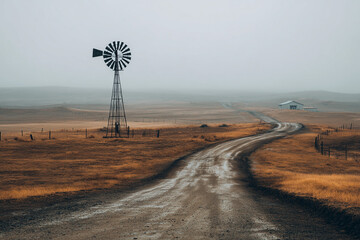 Deserted Rural Road Leading to a Windmill on an Overcast Day