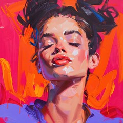 Artistic portrait of a woman with eyes closed and vibrant brushstrokes backdrop