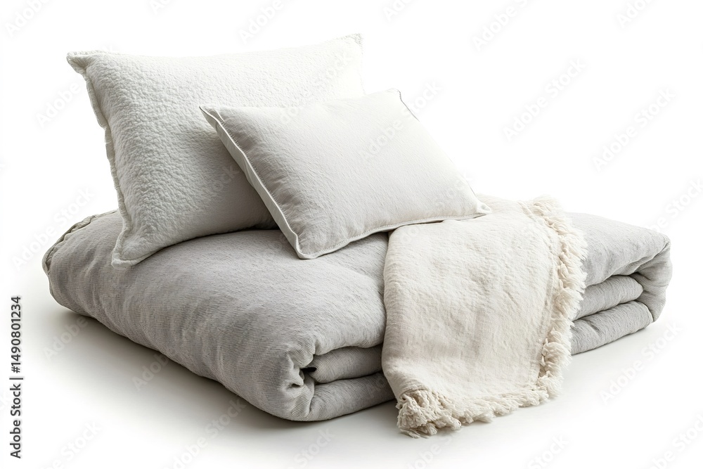 Poster elegant display of plush bedding featuring neatly folded blankets and two fluffy pillows. the neutra