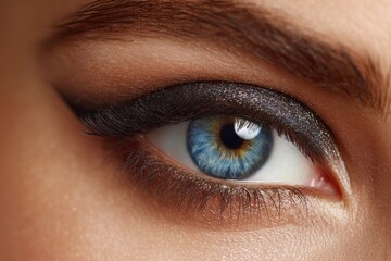 Fototapeta premium Close-up of a beautiful woman's blue eye with glamorous glitter eye shadow, eyeliner and long eyelashes, showcasing professional makeup and youthful skin detail.