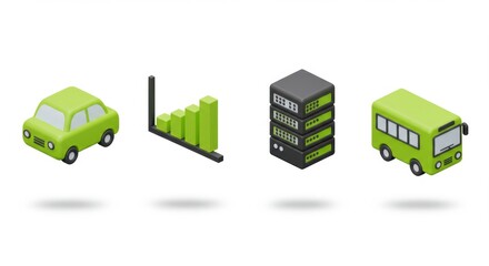Obraz premium Isometric Green Icons Set: Transportation, Data, and Growth