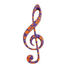 Fototapeta premium Colorful treble clef symbol with vibrant floral pattern, featuring orange and purple flowers, stands out against transparency background, creating lively and artistic design