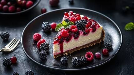 Delicious Slice of Cheesecake with Berries on Dark Plate