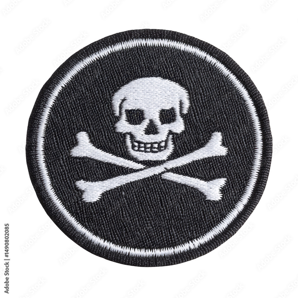 Aufkleber round embroidered patch features white skull and crossbones design on transparency background, symbo