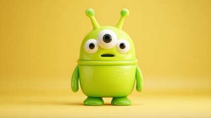 Fototapeta premium Cute Green Alien Character with Big Eyes on Yellow Background
