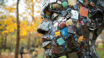 Naklejka premium Abstract sculpture head composed of colorful, recycled materials.