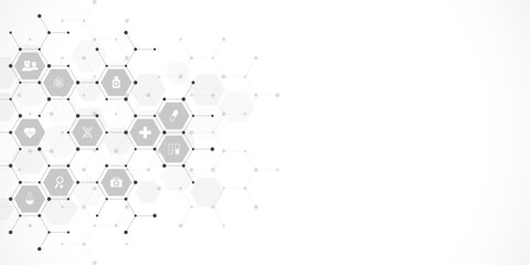 Medical background and healthcare technology with flat icons and symbols. Concept and idea for health care business, innovation medicine, health safety, science, medical research, and development.