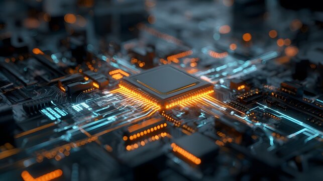 Futuristic Close-Up of a Computer Chip on a Circuit Board Design