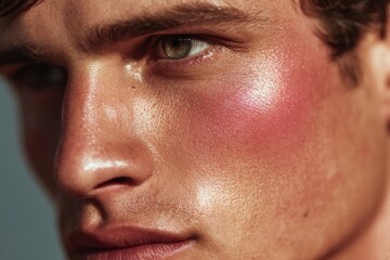 Close-up portrait of a young man with glowing skin and artistic blush application, showcasing modern beauty trends and highlighting facial features in warm, soft light.