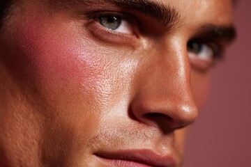 Close-up portrait of a young man with intense gaze, showcasing skincare and pink blush application, conveying health, beauty and a confident, modern aesthetic.