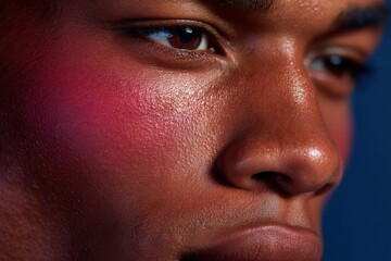 Close-up portrait of a young woman with glowing skin and vibrant blush makeup, highlighting natural beauty and a fresh, healthy complexion in a studio setting.