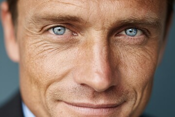 Fototapeta premium A close-up portrait of a mature man with blue eyes, showcasing his weathered skin, wrinkles and a subtle smile, reflecting wisdom and experience.