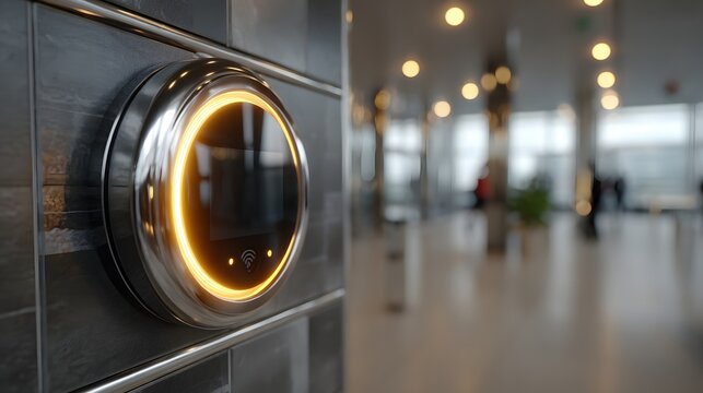 A sleek, modern device with a glowing ring is mounted on a tiled wall, blurring into a light-filled space with columns in the background. - Powered by Adobe