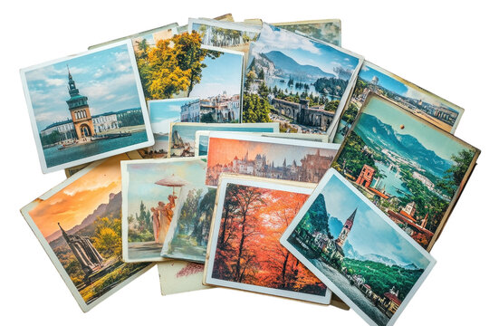 A nostalgic collection of vintage travel postcards evokes wanderlust and treasured memories on transparent background