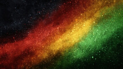 Colorful abstract wave of red, yellow, green and black powder evoking Pan-African pride and freedom for Juneteenth and Black History celebrations, ideal for cultural backgrounds