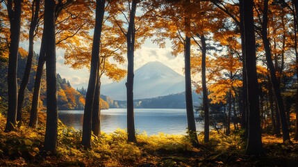 Obraz premium Scenic Autumn View of Lake and Mountains Through Forest Trees