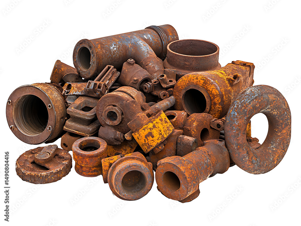 Poster rust metal pieces collection: a close-up image showcases a chaotic heap of weathered metal pieces. e