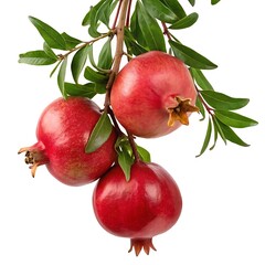 Three ripe pomegranates hanging from a branch with green leaves isolated