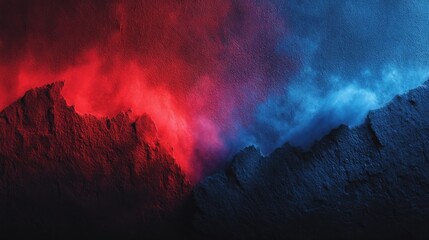 Minimal abstract background with dramatic transition of red and blue powder clouds across a textured dark surface perfect for bold graphic design, political themes or patriotic artworks