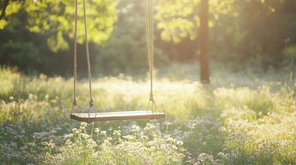 Naklejka premium Swing in Summer Meadow with Sunlight Filtering Through Trees Evoking Nostalgia and Carefree Childhood Memories and Serene Nature Scene Concept