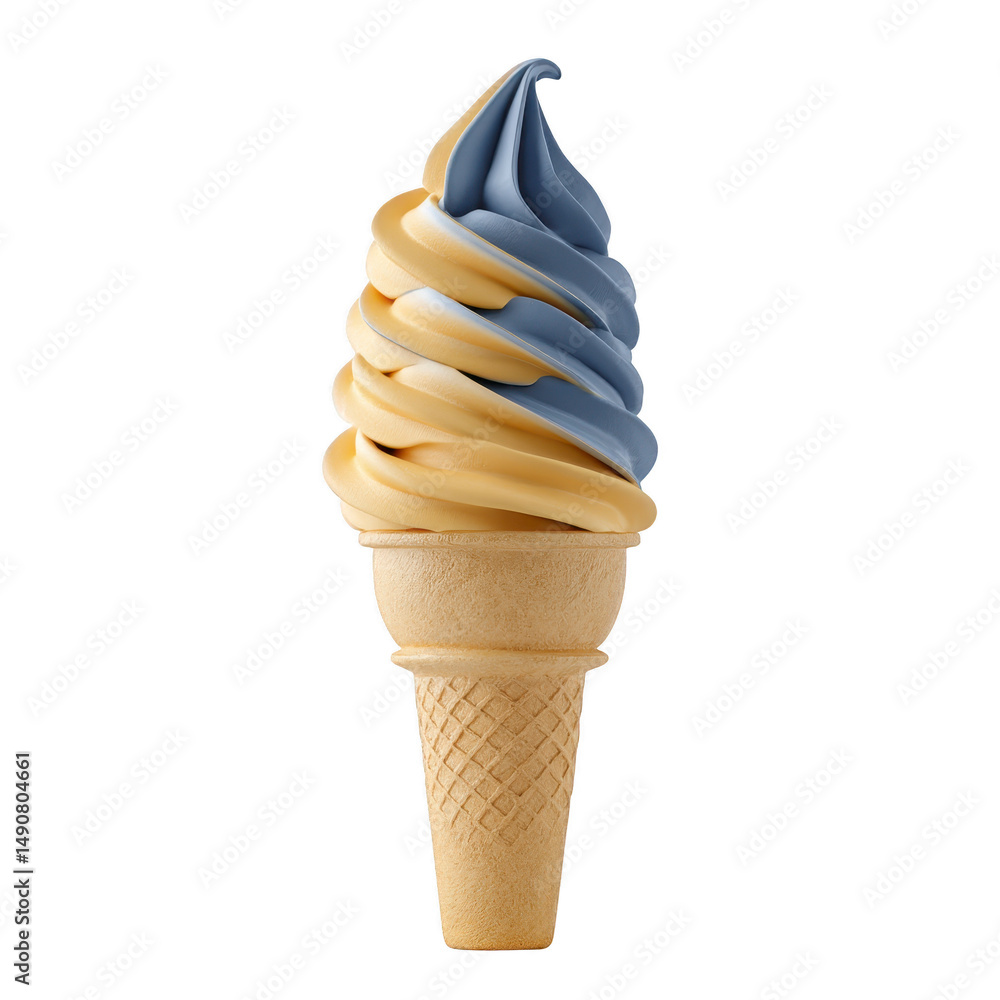 Poster swirl of blue and yellow soft serve ice cream sits atop classic waffle cone, creating visually appea