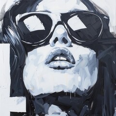 Dramatic black and white artistic portrait of a woman wearing oversized sunglasses