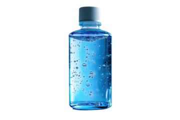 A refreshing bottle of shimmering blue liquid encapsulating purity and coolness against the on transparent background