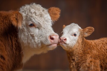 Obraz premium A heartwarming close-up of a mother cow gently nuzzling her adorable calf, showing a tender moment of maternal love and affection in a farm setting, brown background.