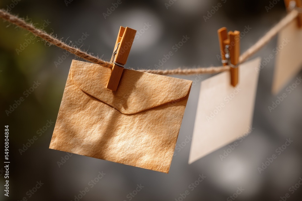 Poster handmade paper cards and envelopes hanging on a jute string with wooden clothespins create a rustic 