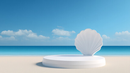 Obraz premium Minimalist White Podium by the Seaside under Clear Sky