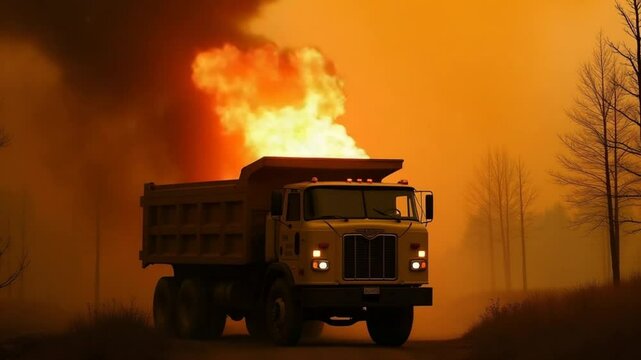 Dump truck fire. Wildfire, burning trees, fields, smoke