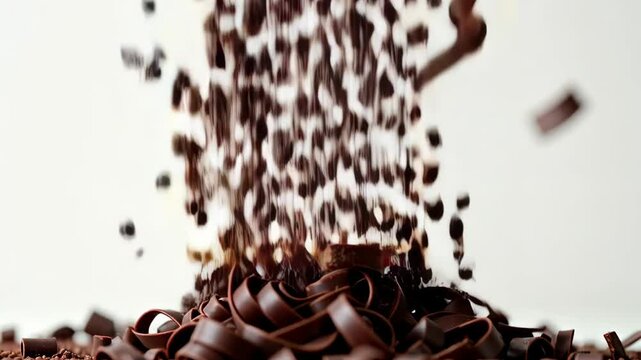 Chocolate crumbs shavings curls falling down motion background baking cooking dessert ingredients sweet indulgence Chocolate Day concept delicious chocolate