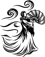 Fototapeta premium A skull tattoo design featuring sea ghosts in a haunting nautical theme. Elegant Silhouette of a Woman Holding a Fan with Flowing Fabric