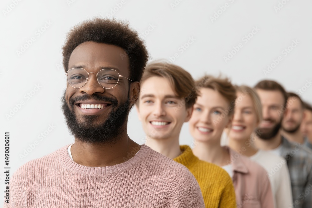 Poster a diverse group of smiling people standing in a row, looking positive, ready to collaborate and work