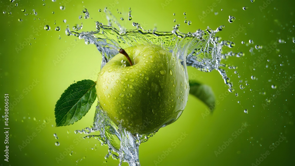 Poster a green apple is being dropped into water, creating a splash of bubbles around it.